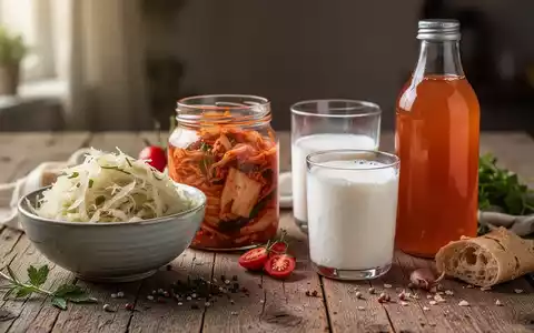 Ein Stillleben mit verschiedenen fermentierten Lebensmitteln wie Sauerkraut, Kimchi, Kefir und Kombucha auf einem Holztisch. - Foto: über boerse-global.de