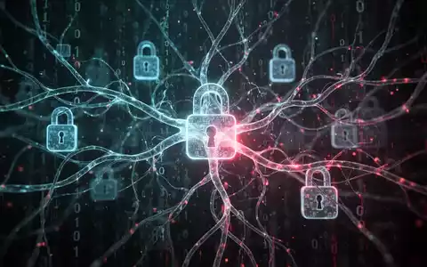 Ein abstraktes Bild, das ein leuchtendes neuronales Netz zeigt, das sich mit digitalen Schloss-Symbolen und Binärcode verflechtet. - Foto: über boerse-global.de