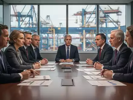 Eine Gruppe von Führungskräften, Gewerkschaftern und Politikern diskutiert ernsthaft an einem Konferenztisch über die Zukunft der Autoindustrie. - Foto: über boerse-global.de