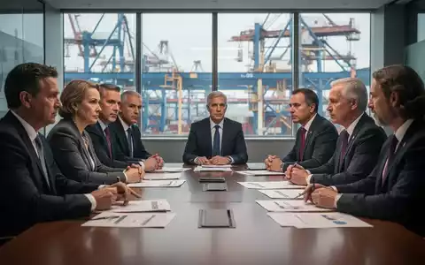 Eine Gruppe von Führungskräften, Gewerkschaftern und Politikern diskutiert ernsthaft an einem Konferenztisch über die Zukunft der Autoindustrie. - Foto: über boerse-global.de