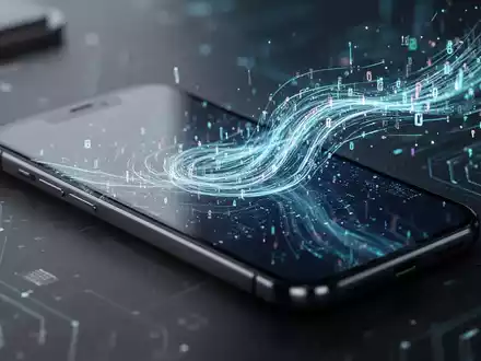 Nahaufnahme eines modernen Smartphones mit leuchtendem, abstraktem digitalem Datenstrom auf dem Bildschirm, der Datensynchronisation symbolisiert. - Foto: über boerse-global.de