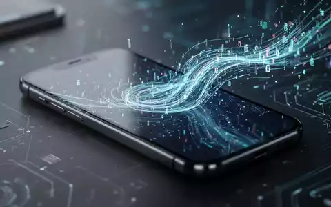 Nahaufnahme eines modernen Smartphones mit leuchtendem, abstraktem digitalem Datenstrom auf dem Bildschirm, der Datensynchronisation symbolisiert. - Foto: über boerse-global.de