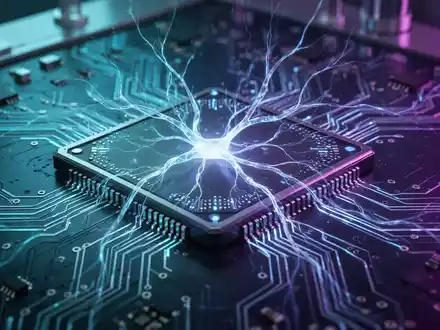 Futuristischer Mikrochip mit leuchtenden neuronalen Bahnen, fortschrittliche KI-Verarbeitung andeutend, vor dunklem High-Tech-Hintergrund. - Foto: über boerse-global.de