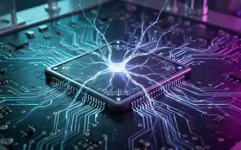 Futuristischer Mikrochip mit leuchtenden neuronalen Bahnen, fortschrittliche KI-Verarbeitung andeutend, vor dunklem High-Tech-Hintergrund. - Foto: über boerse-global.de