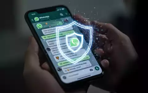 Ein Smartphone mit einer WhatsApp-Chat-Oberfläche. Ein leuchtendes digitales Sicherheitsschild-Symbol überlagert den Bildschirm. - Foto: über boerse-global.de