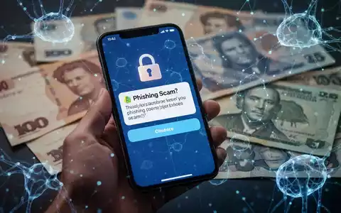 Eine Hand hält ein Smartphone, das eine Phishing-Nachricht anzeigt, mit verschwommenem Hintergrund aus australischen Banknoten und einem digitalen Overlay. - Foto: über boerse-global.de