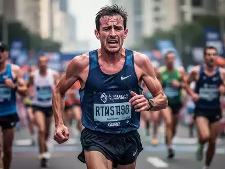 Ein erschöpfter männlicher Marathonläufer, der während der zweiten Hälfte eines Rennens mit deutlicher Ermüdung kämpft. - Foto: über boerse-global.de