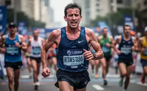 Ein erschöpfter männlicher Marathonläufer, der während der zweiten Hälfte eines Rennens mit deutlicher Ermüdung kämpft. - Foto: über boerse-global.de