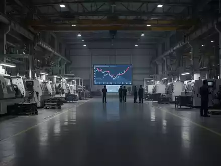 Eine weitläufige, teilweise verlassene Fabrikhalle mit vereinzelten Arbeitern und einer digitalen Anzeige, die einen Abwärtstrend zeigt. - Foto: über boerse-global.de