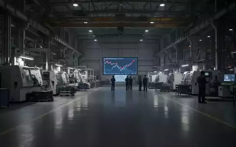 Eine weitläufige, teilweise verlassene Fabrikhalle mit vereinzelten Arbeitern und einer digitalen Anzeige, die einen Abwärtstrend zeigt. - Foto: über boerse-global.de