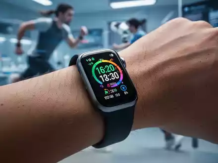 Nahaufnahme eines modernen Smart Bands am Handgelenk, das Gesundheitsdaten auf einem leuchtenden AMOLED-Display anzeigt. - Foto: über boerse-global.de