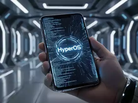 Nahaufnahme eines modernen Smartphone-Bildschirms mit futuristischem Code und 'HyperOS'-Logo, in einer Hand gehalten. - Foto: über boerse-global.de