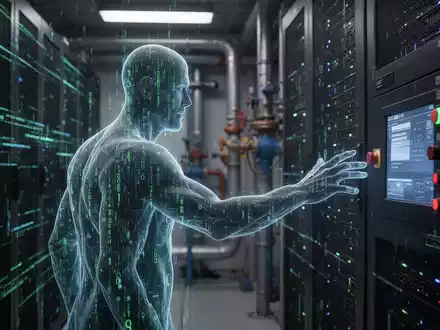 Geisterhafte digitale Silhouette greift nach Schalttafel in Serverraum, Industrierohre im Hintergrund, symbolisiert kompromittierte Wasserinfrastruktur. - Foto: über boerse-global.de
