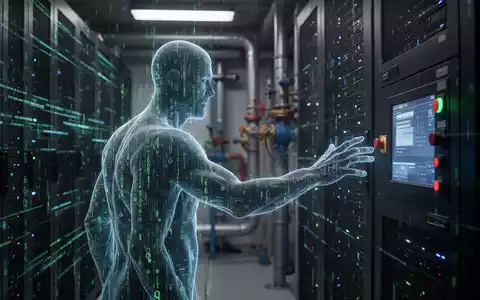 Geisterhafte digitale Silhouette greift nach Schalttafel in Serverraum, Industrierohre im Hintergrund, symbolisiert kompromittierte Wasserinfrastruktur. - Foto: über boerse-global.de
