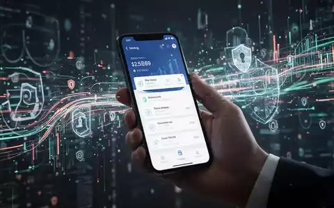 Eine Hand hält ein Smartphone mit einer Banking-App. Im Hintergrund sind abstrakte Datenströme und digitale Sicherheitselemente. - Foto: über boerse-global.de