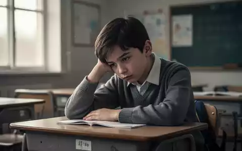 Ein nachdenklicher junger Schüler sitzt allein an einem Schultisch, den Kopf in die Hand gestützt, in einem leicht entsättigten Klassenzimmer. - Foto: über boerse-global.de