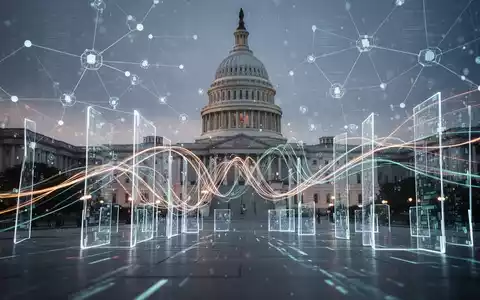 Abstraktes digitales Netzwerk mit Datenflüssen, teils unbegrenzt, teils begrenzt, überlagert mit einem dezenten Bild des US-Kapitols. - Foto: über boerse-global.de