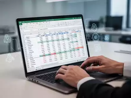 Hände tippen auf einem Laptop mit Excel-Tabelle, Finanzdaten und KI-Symbolen. - Foto: über boerse-global.de