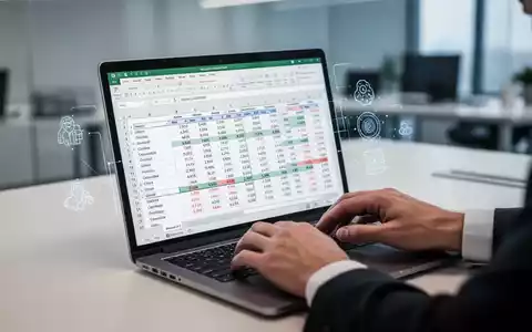 Hände tippen auf einem Laptop mit Excel-Tabelle, Finanzdaten und KI-Symbolen. - Foto: über boerse-global.de