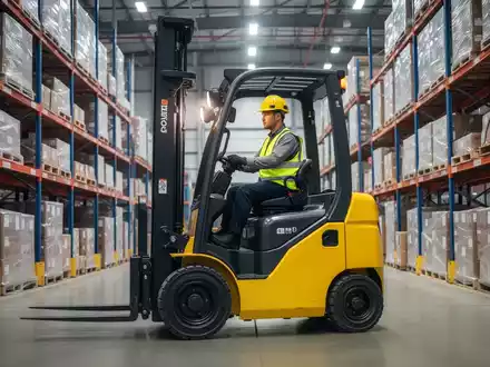 Ein gelber Gabelstapler in einem modernen Lager, mit einem Bediener in Sicherheitskleidung, der die Steuerung bedient. - Foto: über boerse-global.de
