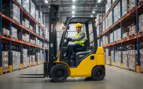 Ein gelber Gabelstapler in einem modernen Lager, mit einem Bediener in Sicherheitskleidung, der die Steuerung bedient. - Foto: über boerse-global.de