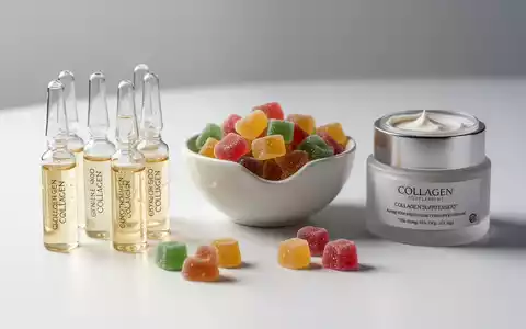 Verschiedene Kollagenprodukte: elegante Trinkampullen, bunte Fruchtgummis und ein Tiegel mit Kollagencreme auf weißem Untergrund. - Foto: über boerse-global.de