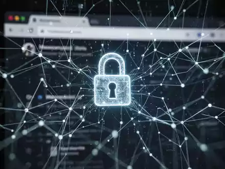Abstrakte Darstellung von Datenverschlüsselung und Cyberbedrohungen, mit einem leuchtenden digitalen Netzwerk über einer Browseroberfläche. - Foto: über boerse-global.de