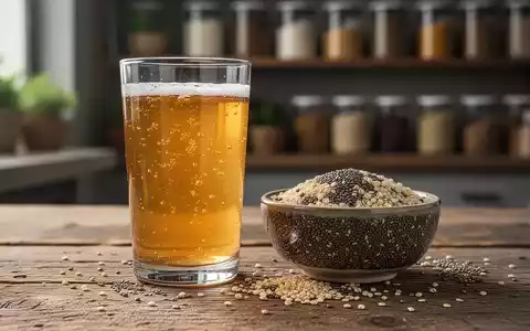 Ein Glas Kombucha mit Chiasamen und Quinoa auf einem Holztisch, Fokus auf gesunde Ernährung und Darmgesundheit. - Foto: über boerse-global.de