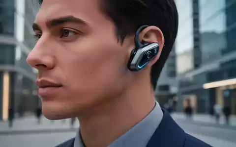 Nahaufnahme eines futuristischen Wearables mit integrierten Kameralinsen, das wie hochwertige Ohrhörer aussieht und von einer Person getragen wird. - Foto: über boerse-global.de