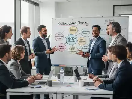Eine Gruppe von Fachleuten arbeitet in einem modernen Büro zusammen, diskutiert Resilienz-Konzepte und Modelle wie das Resilienz-Zirkel-Training. - Foto: über boerse-global.de