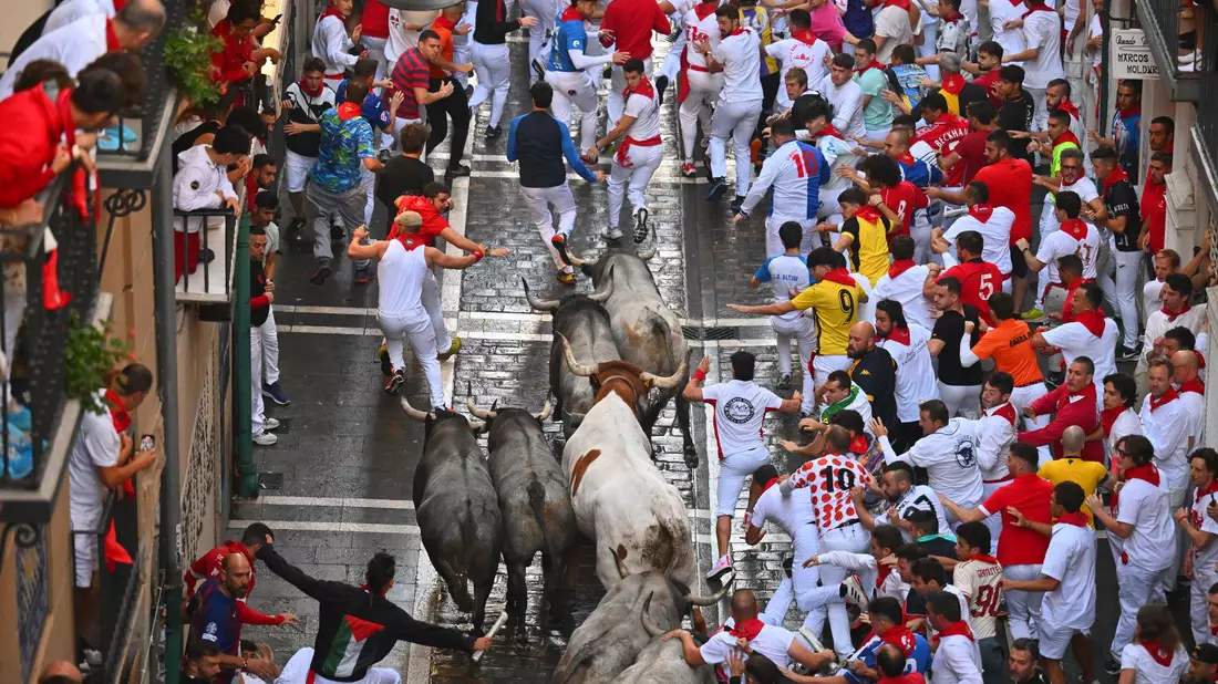 Die Stierhatz von Pamplona wird im spanischen Fernsehen gleich von mehreren Sendern jeden Tag live übertragen. (Archivbild) - Bild: Miguel Oses/AP/dpa