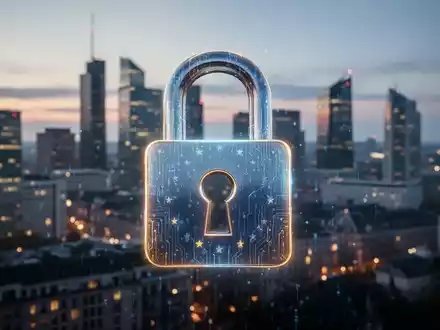 Ein stilisiertes, leuchtendes digitales Vorhängeschloss über einer verschwommenen europäischen Stadtlandschaft bei Sonnenuntergang. - Foto: über boerse-global.de