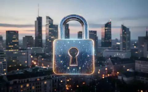 Ein stilisiertes, leuchtendes digitales Vorhängeschloss über einer verschwommenen europäischen Stadtlandschaft bei Sonnenuntergang. - Foto: über boerse-global.de