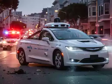 Ein Waymo-Selbstfahrerauto auf einer Straße in San Francisco, mit Blaulicht im Hintergrund, was auf einen Vorfall hindeutet. - Foto: über boerse-global.de