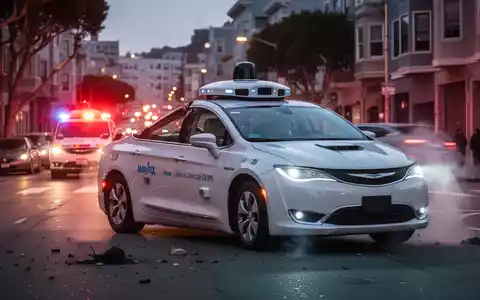 Ein Waymo-Selbstfahrerauto auf einer Straße in San Francisco, mit Blaulicht im Hintergrund, was auf einen Vorfall hindeutet. - Foto: über boerse-global.de
