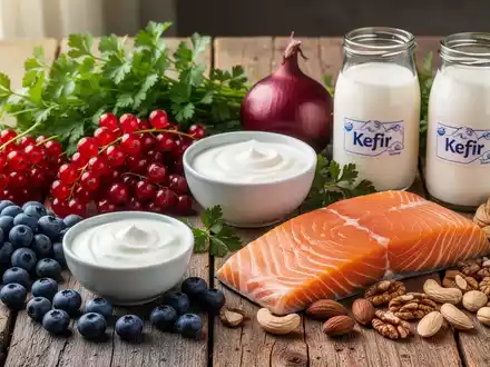 Eine Nahaufnahme einer Auswahl an frischen, entzündungshemmenden Lebensmitteln wie Beeren, Nüssen, Fisch und Kräutern auf einem Holztisch. - Foto: über boerse-global.de