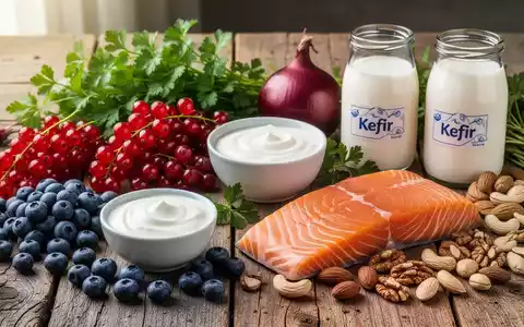 Eine Nahaufnahme einer Auswahl an frischen, entzündungshemmenden Lebensmitteln wie Beeren, Nüssen, Fisch und Kräutern auf einem Holztisch. - Foto: über boerse-global.de