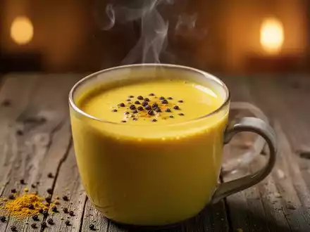 Eine dampfende Tasse goldener Kurkumamilch mit schwarzem Pfeffer auf einer rustikalen Holzoberfläche. - Foto: über boerse-global.de