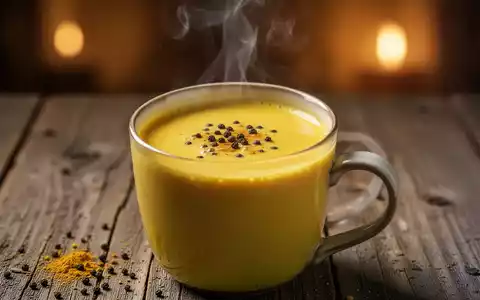 Eine dampfende Tasse goldener Kurkumamilch mit schwarzem Pfeffer auf einer rustikalen Holzoberfläche. - Foto: über boerse-global.de