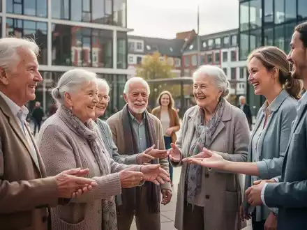 Eine vielfältige Gruppe von Menschen, darunter Senioren und jüngere Erwachsene, interagiert in einer modernen Gemeinschaftsumgebung. - Foto: über boerse-global.de