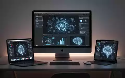 Ein Apple Studio Display, MacBook Pro und iPad Pro auf einem modernen Schreibtisch, alle mit kreativen Software-Oberflächen mit KI-Funktionen. - Foto: über boerse-global.de