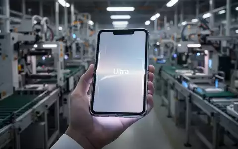 Eine Hand hält ein elegantes, leuchtendes Falt-Smartphone, im Hintergrund eine verschwommene Fabrikproduktionslinie, die begrenzte Verfügbarkeit symbolisiert. - Foto: über boerse-global.de