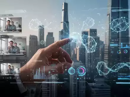 Eine Hand interagiert mit einem holografischen Bildschirm, der KI-gestützte Foto- und Videobearbeitungswerkzeuge mit digitalen Elementen zeigt. - Foto: über boerse-global.de