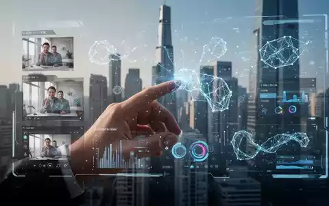 Eine Hand interagiert mit einem holografischen Bildschirm, der KI-gestützte Foto- und Videobearbeitungswerkzeuge mit digitalen Elementen zeigt. - Foto: über boerse-global.de