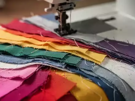 Nahaufnahme von bunten Stoffresten, nach Farbe und Textur sortiert, mit einer Nähmaschinennadel im unscharfen Hintergrund. - Foto: über boerse-global.de