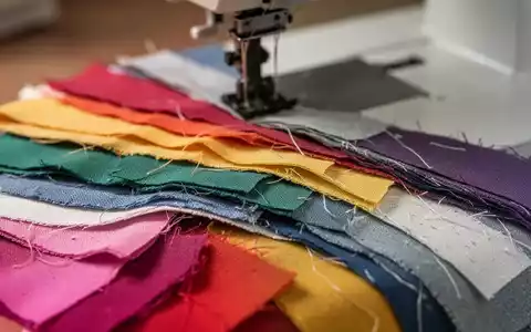 Nahaufnahme von bunten Stoffresten, nach Farbe und Textur sortiert, mit einer Nähmaschinennadel im unscharfen Hintergrund. - Foto: über boerse-global.de
