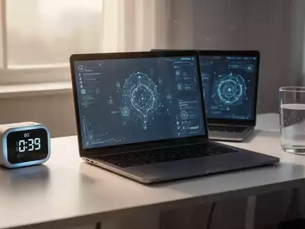 Ein minimalistischer Schreibtisch am Morgen mit Laptop, Smartwatch und Wasserglas, der Produktivität und Technologie symbolisiert. - Foto: über boerse-global.de