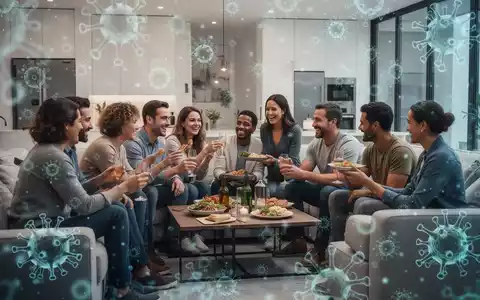 Eine Gruppe von Menschen interagiert in einem modernen Wohnraum, mit einer subtilen Überlagerung von leuchtenden mikrobiellen Mustern. - Foto: über boerse-global.de