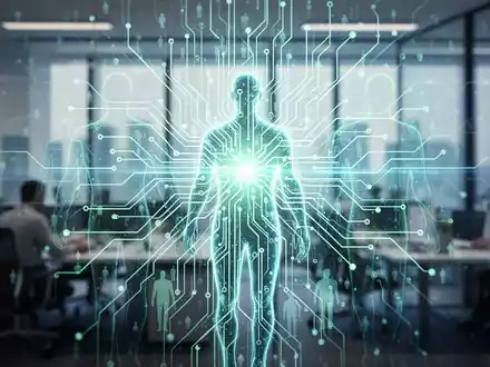 Eine stilisierte Darstellung eines leuchtenden neuronalen Netzwerks, das sich mit menschlichen Silhouetten überlappt, im Kontext eines modernen Büros. - Foto: über boerse-global.de