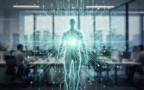 Eine stilisierte Darstellung eines leuchtenden neuronalen Netzwerks, das sich mit menschlichen Silhouetten überlappt, im Kontext eines modernen Büros. - Foto: über boerse-global.de